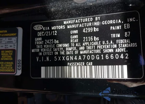 2013 Kia Optima Ex z USA, uszkodzony, nr VIN 5XXGN4A70DG166042